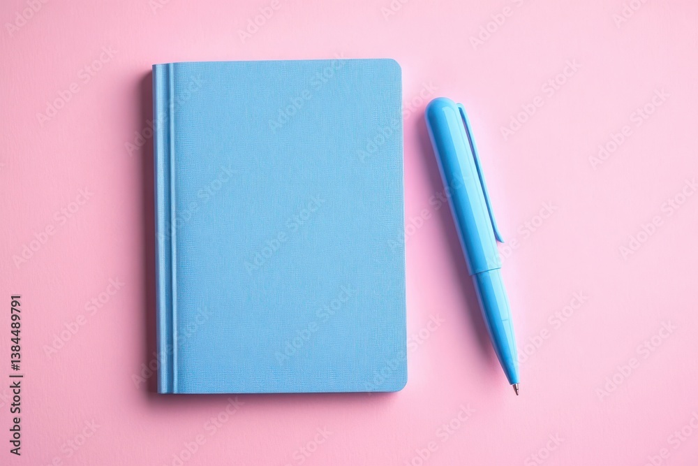Pastel Blue Notebook and Pen on Soft Pink Background Minimalist Flat Lay Business Concept for Women Pastel Blue Notebook and Pen on Soft Pink Background Minimalist Flat Lay Business Concept for Women