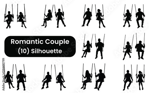 Ten Romantic Couples Silhouetted on Swings.This set of 10 silhouettes depicts couples enjoying a romantic moment on swings.