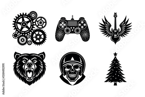 Collection of Vintage-Style Icons: Gears, Music, Gaming, and Transportation