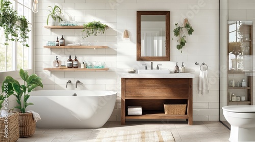 A bathroom with a white sink and a wooden vanity