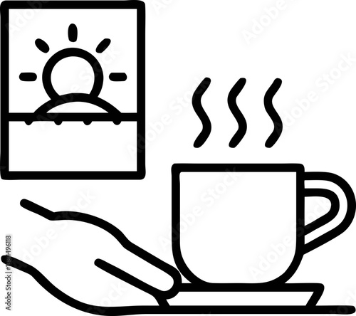 steaming cup of coffee is held by hand, with sunrise image in background, symbolizing fresh start to day. minimalist design conveys warmth and comfort