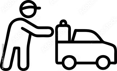 simple black and white line drawing depicts person pushing cart. person is wearing cap and appears to be engaged manual task, suggesting work or delivery scenario. cart has handle and wheels