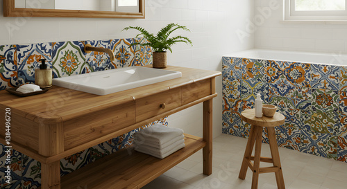 Bright Bathroom Design with Mexican Tiles and Bamboo Vanity in a Global Inspired Style