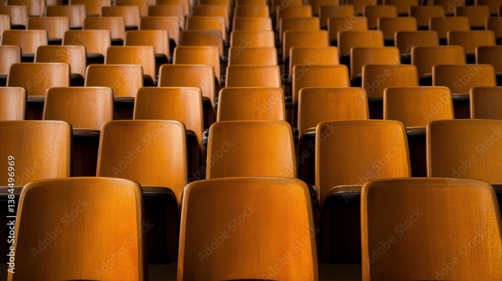 Fototapeta premium This image features a close-up view of neatly arranged wooden chairs in a large auditorium, ideal for concepts related to education, presentations, and public speaking settings,