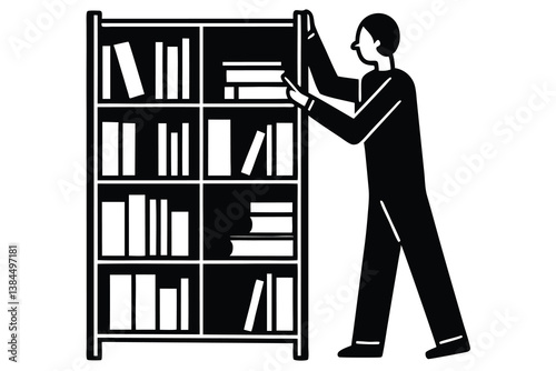 Library Scene with Person Searching Books on Bookshelves

