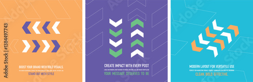 Set of three modern arrow backgrounds in orange, purple, and turquoise with bold geometric layouts, ideal for product showcases, digital ads, creative branding, or social media content
