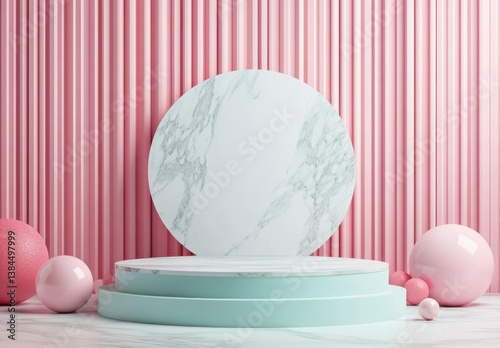 Modern Minimalist Scene with Pink Striped Wall and Marble Display