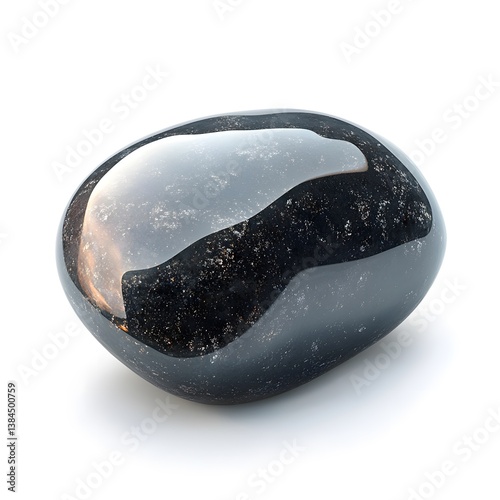 A smooth, polished black gemstone rests on a stark white background showcasing its deep, lustrous sheen and subtle internal details reflecting light beautifully.