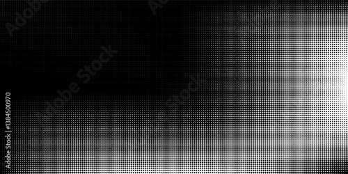 Grunge halftone gradient background. Faded dotted grit noise texture. Black and white rasterized sand wallpaper. Retro pixelated bitmap backdrop.