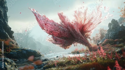 Surreal Landscape: Alien Flora by a Misty River