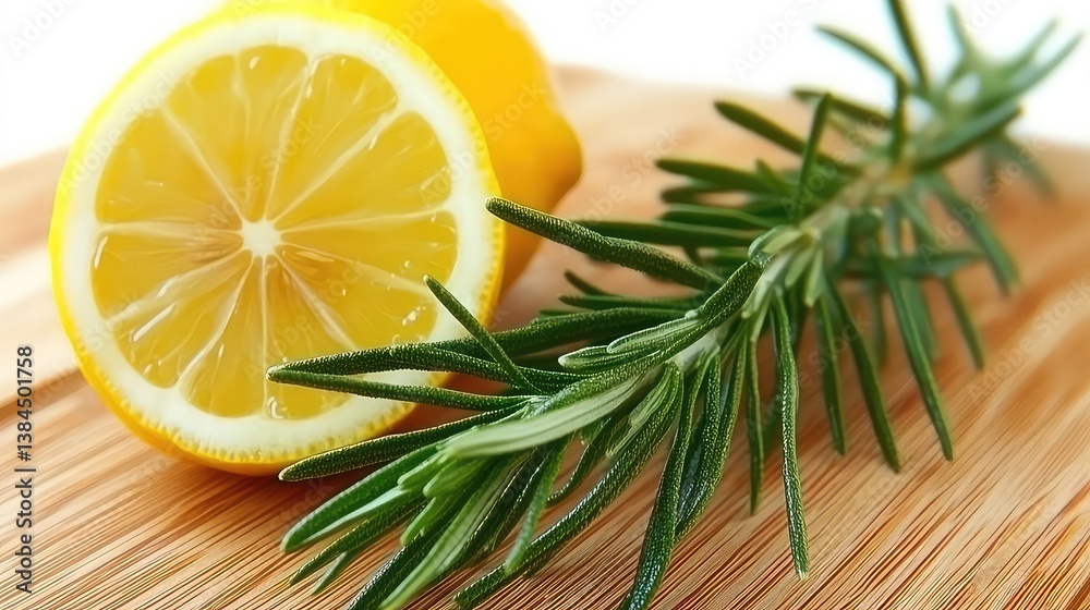 lemon slice and rosemary sprig on wood lemon slice and rosemary sprig on wood