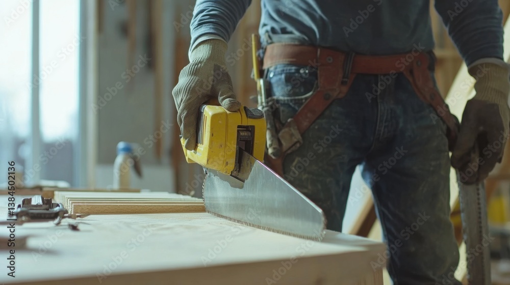 A construction worker adjusting the angle of a saw at a job site. Featuring focus and precision A construction worker adjusting the angle of a saw at a job site. Featuring focus and precision