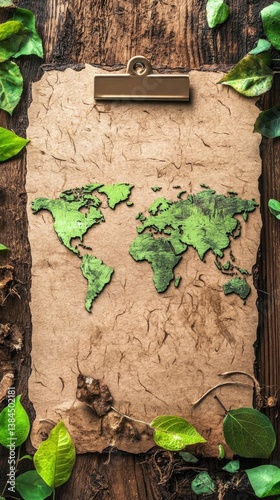 World map on aged paper, surrounded by nature