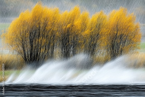 Autumn trees endure rain by waterside; field backdrop. Weathered landscape