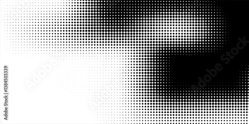 Grunge halftone gradient background. Faded dotted grit noise texture. Black and white rasterized sand wallpaper. Retro pixelated bitmap backdrop.