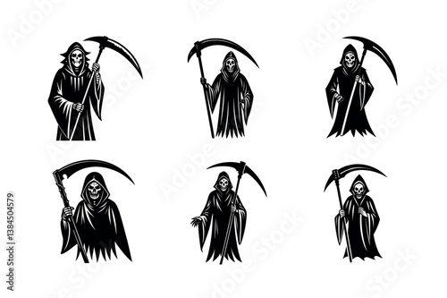 Six Grim Reaper Silhouettes, Perfect for Halloween or Gothic Design