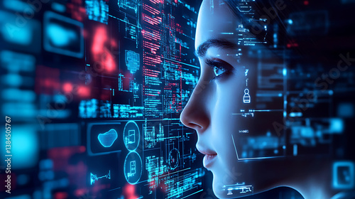 An AI powered content moderation system analyzing and filtering harmful online content in real time for social media platforms, Social media technology style, photo of