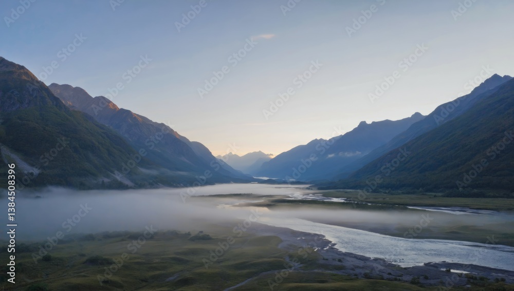 Misty valley, mountain river Misty valley, mountain river