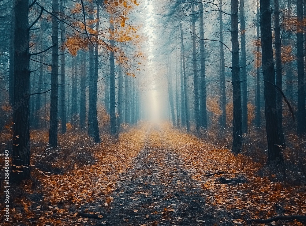 Obraz premium Beautiful forest landscape in autumn with leaves on the ground and trees, with a dirt path leading through the forest. Stock photo contest winner, high resolution, in raw style. 