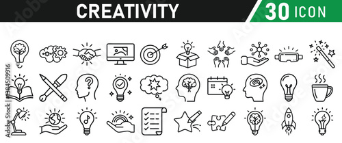 Creativity icon set. Creative idea, solution, thinking and innovation icons. Lightbulb with brain symbol vector illustration