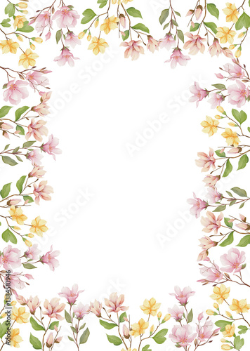 Frame of Magnolia Flower Watercolor Illustration for Invitation