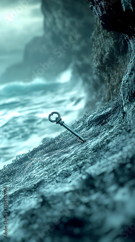 Teal Key on a Stormy Ocean Coast
