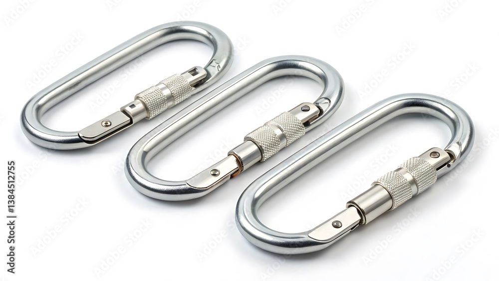 High-Quality Image of Three Oval Carabiner Clips Arranged on White Background High-Quality Image of Three Oval Carabiner Clips Arranged on White Background