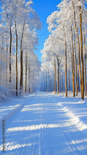 Winter wonderland forest path.  Sunlight filters through snow-covered trees