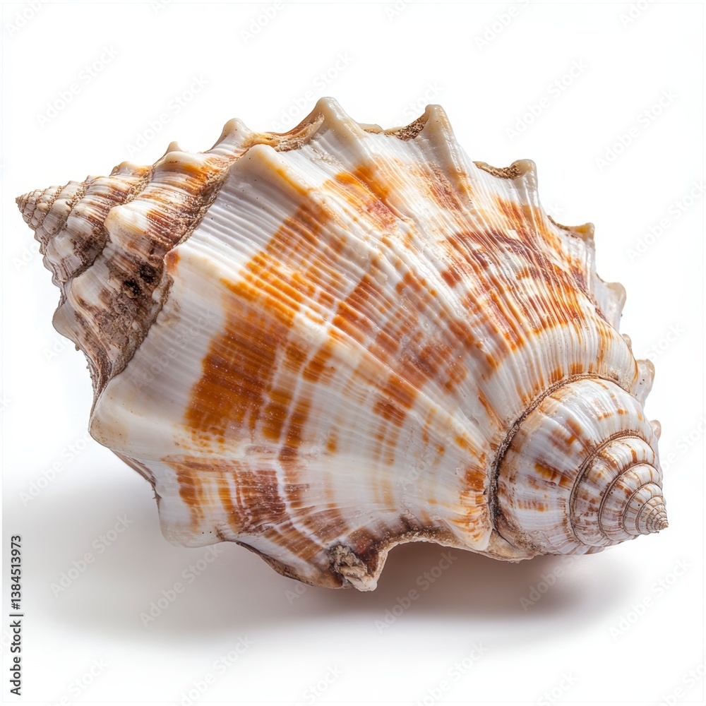 Beautiful Spiral Shell with Orange Patterns on White Background Beautiful Spiral Shell with Orange Patterns on White Background