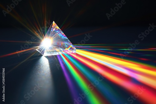 A triangular prism refracts light, creating a vibrant spectrum of colors radiating outwards.