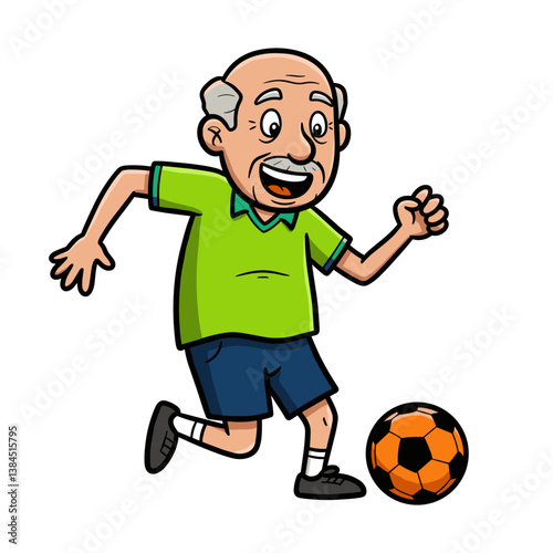 Elderly man joyfully playing soccer against a white background  