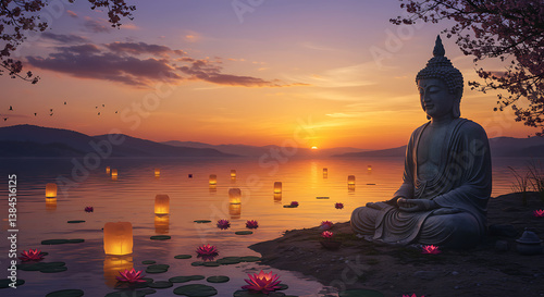 Serene Sunset Buddha Statue Meditating by Lake with Floating Lanterns and Lotus Flowers