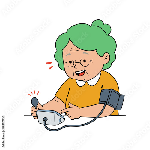 Elderly woman smiling while checking her blood pressure  