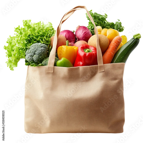  fruits and vegetables grocery product in reusable shopping bag isolated