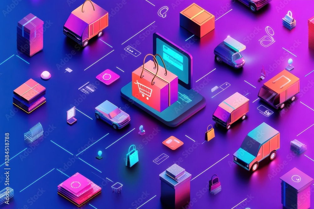 Modern abstract design with online shopping icons and delivery symbols in vibrant colors for digital marketing and e-commerce Modern abstract design with online shopping icons and delivery symbols in vibrant colors for digital marketing and e-commerce