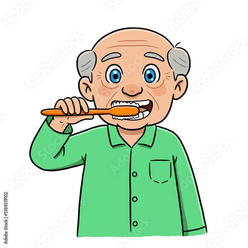 Elderly man brushing teeth happily against a plain background  