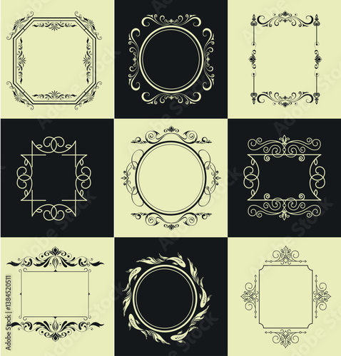 Vintage floral vector set with ornate labels and decorative frame borders