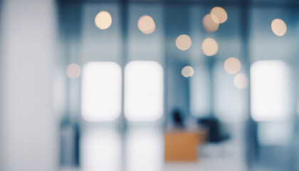 Blurred image depicting a modern and bright office space with bokeh lights and subtle color tones. Premium modern bokeh photos for poster, banner and print backgrounds.