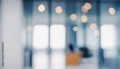 Blurred image depicting a modern and bright office space with bokeh lights and subtle color tones. Premium modern bokeh photos for poster, banner and print backgrounds.