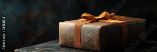 a brown box with a bow on top of it on a table
