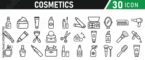 Cosmetic line icons set. Include icon - cream, collagen, mask, makeup lotion, serum, sunscreen outline pictogram for skincare product. Icons Collection