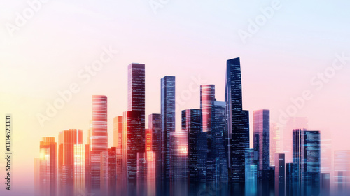 A vibrant city skyline at sunset, showcasing tall skyscrapers reflecting colorful light against a soft gradient sky.