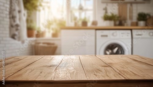 Rustic wooden table in a bright, modern laundry room