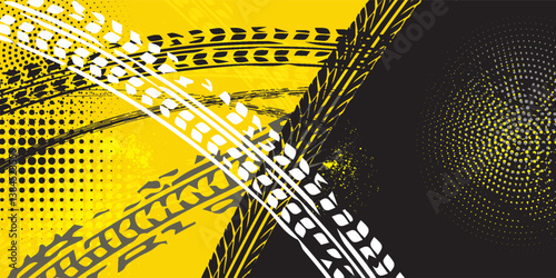 Grunge halftone tire tracks with medium color and tone patches. eps10