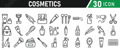 Cosmetic line icons set. Include icon - cream, collagen, mask, makeup lotion, serum, sunscreen outline pictogram for skincare product. Icons Collection