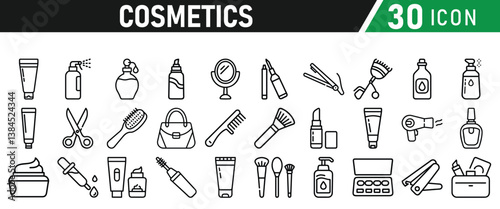 Cosmetic line icons set. Include icon - cream, collagen, mask, makeup lotion, serum, sunscreen outline pictogram for skincare product. Icons Collection