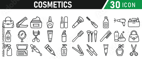 Cosmetic line icons set. Include icon - cream, collagen, mask, makeup lotion, serum, sunscreen outline pictogram for skincare product. Icons Collection