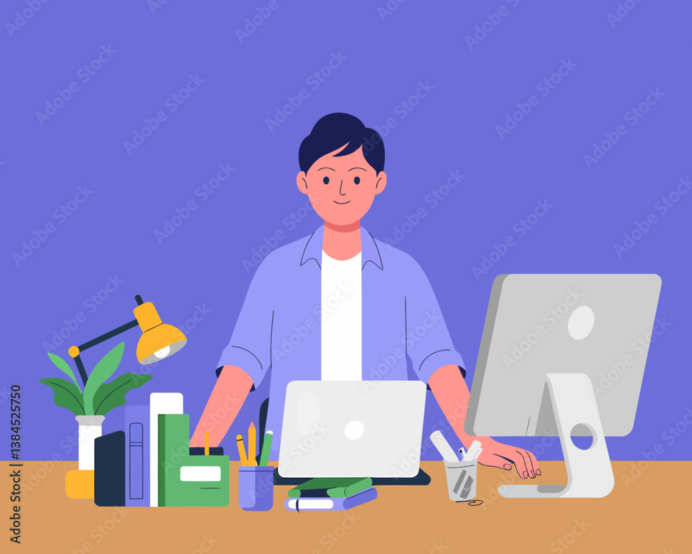 Creative Young Professional at Home Desk Working on Computer and Laptop Illustration, Minimalist Workspace Creative Young Professional at Home Desk Working on Computer and Laptop Illustration, Minimalist Workspace