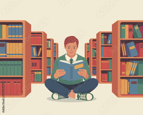 Student reading a book in the library surrounded by bookshelves full of books. Illustration of a person studying and learning, sitting cross-legged on the floor.