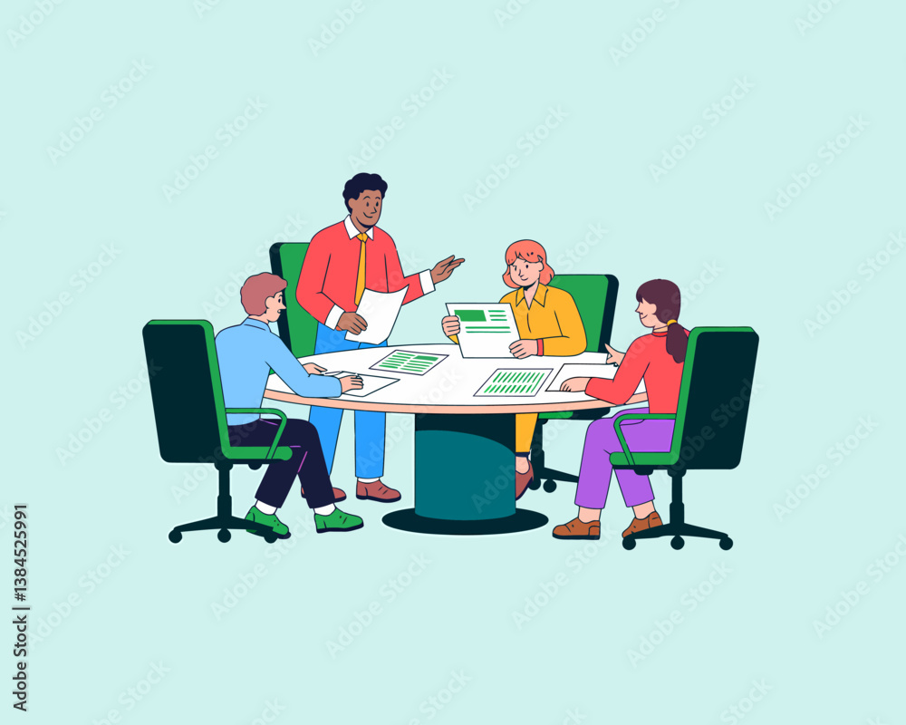 Creative Business Meeting Illustration: Team Collaboration and Data Analysis Discussion Creative Business Meeting Illustration: Team Collaboration and Data Analysis Discussion